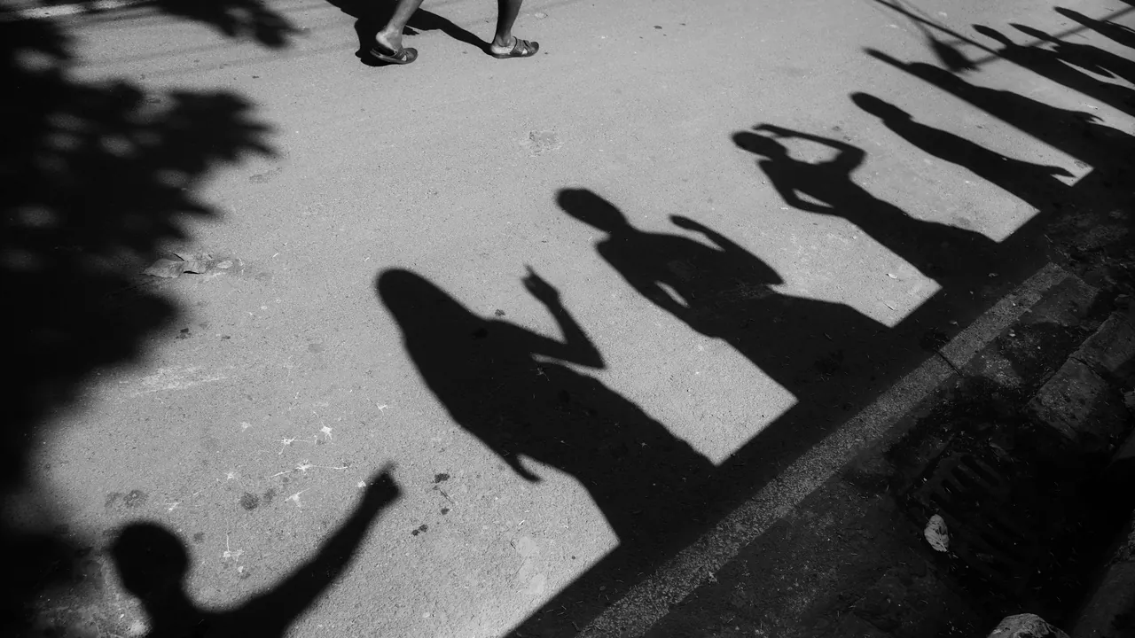 Long shadows of people walking, seen from above on a pale street.