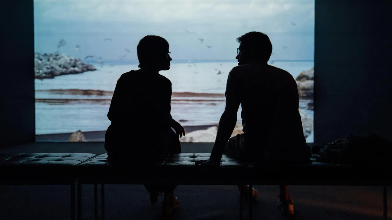 Two people in silhouette on a bench, turned toward each other in front of a bright screen of sea and sky.